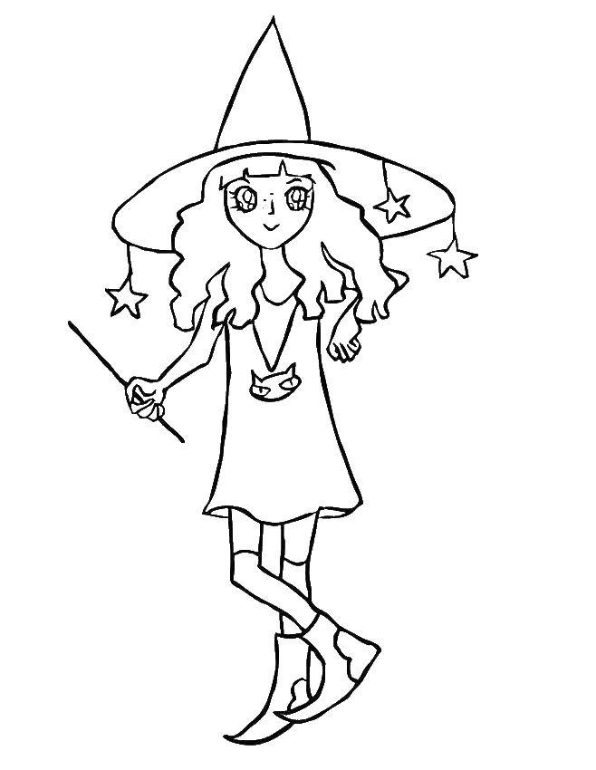 Раскраска колдуньи в шляпе для девочек (колдунья, шляпа)