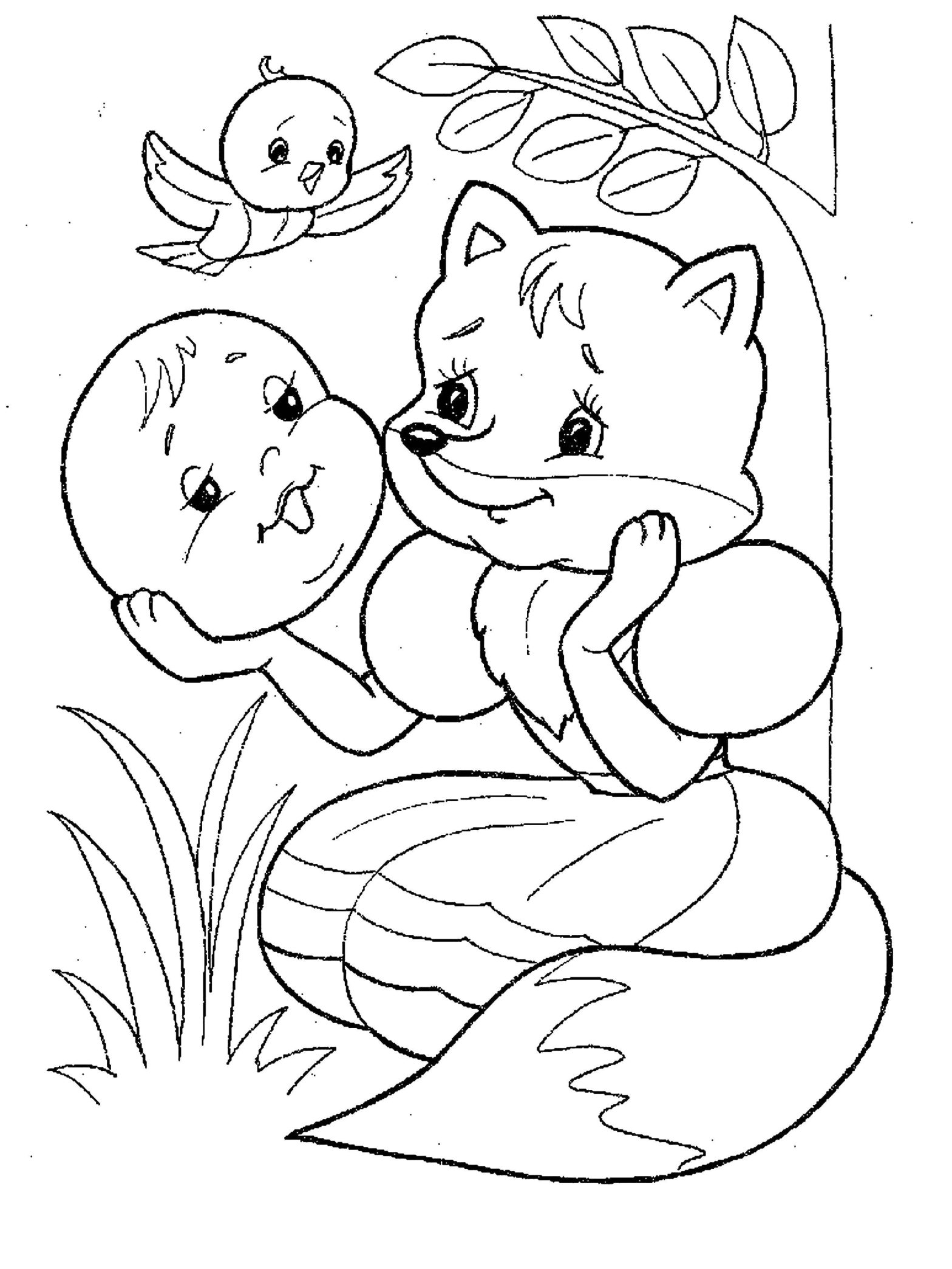 Картинка для раскраски с персонажами из сказки Колобок и Лиса (колобок, лиса)