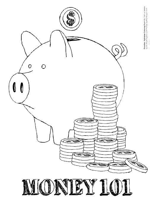 Раскраска с изображением копилки, свиньи и монет (деньги, свинья, монеты)