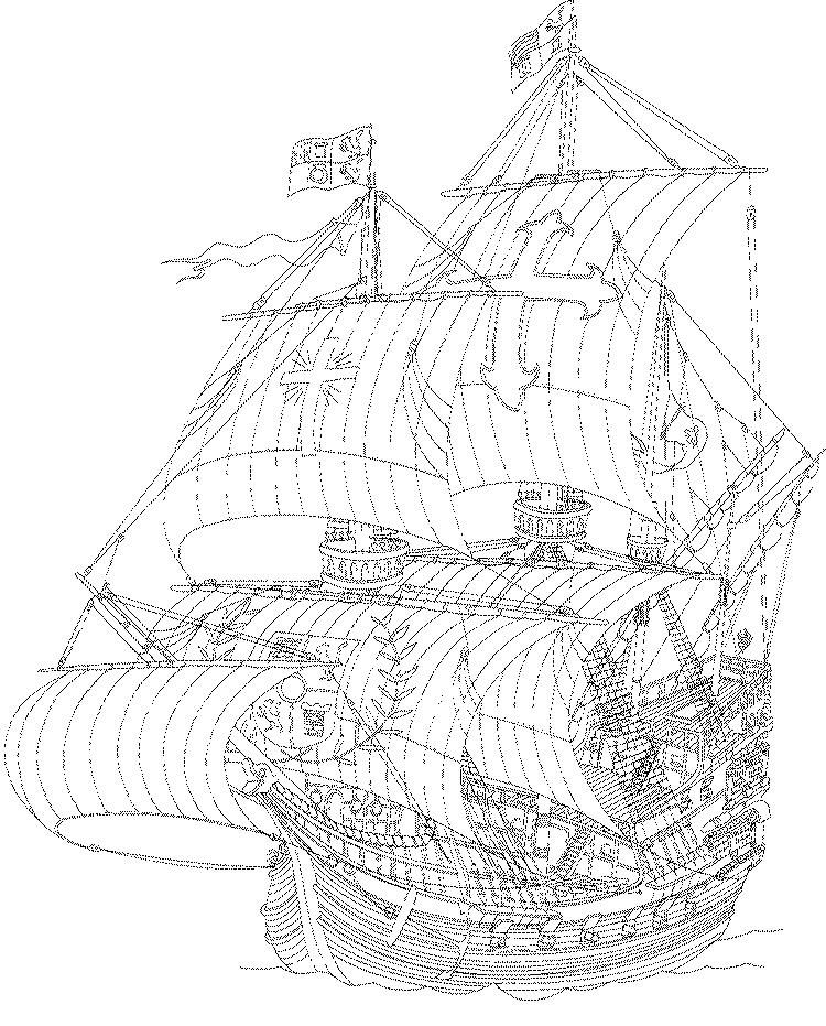 Картинка для раскраски - корабль, парусник с гербами на парусах.