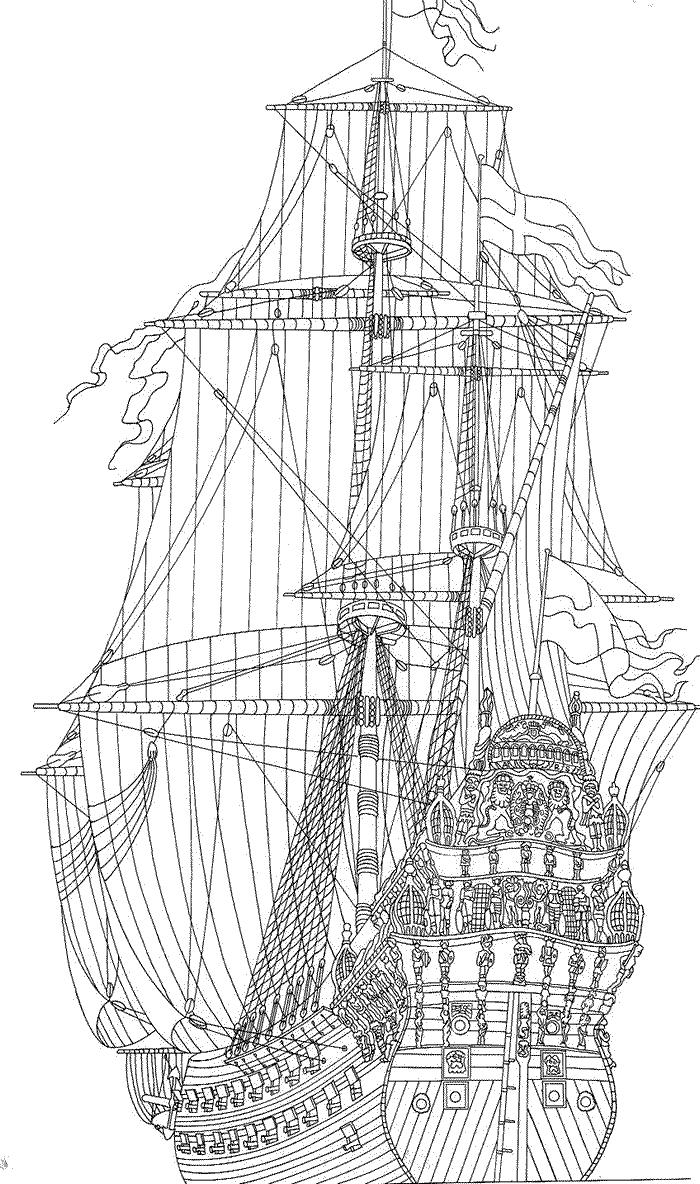 Раскраска корабль с большими парусами для мальчиков (корабль)