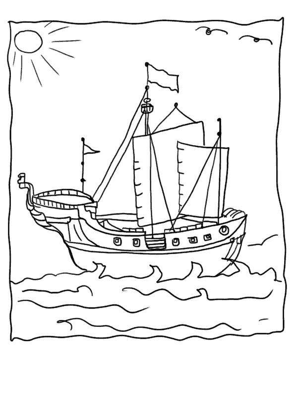 Раскраска корабль с парусами и флагом в море для мальчиков (море, корабль)