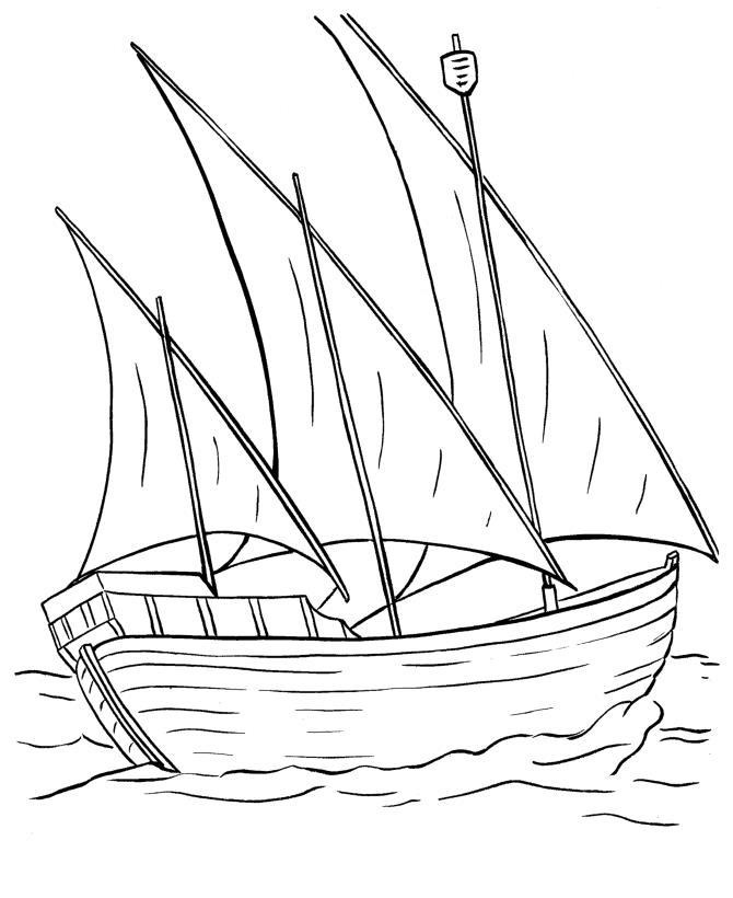 Раскраска корабль с треугольными парусами в море для мальчиков (море, интересные, яркие)