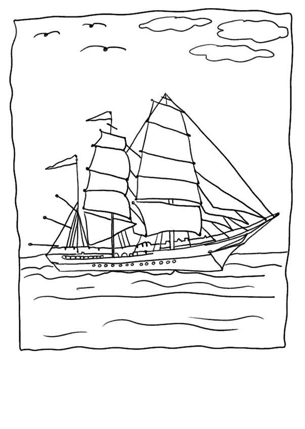 Раскраска с изображением корабля на фоне моря, чаек и облаков (корабль, чайки, облака, развивающие)