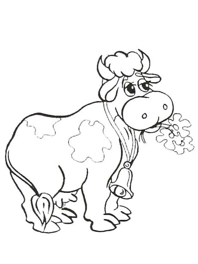 Раскраска домашних животных: корова, цветы, колокольчик (корова, колокольчик)