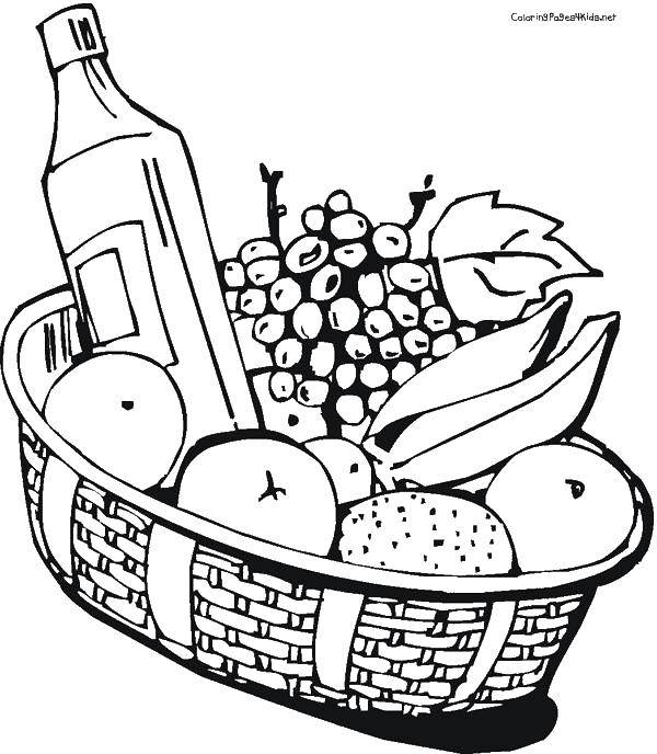 Картинка для раскраски фруктов в корзине и бутылке (корзина, бутылка)