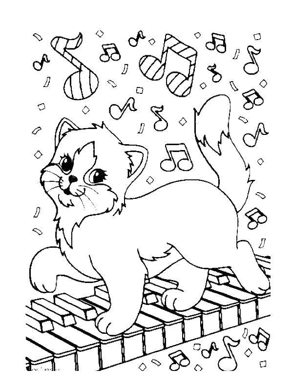 Раскраска с кошкой на пианино (кошка, пианино, мелодия)