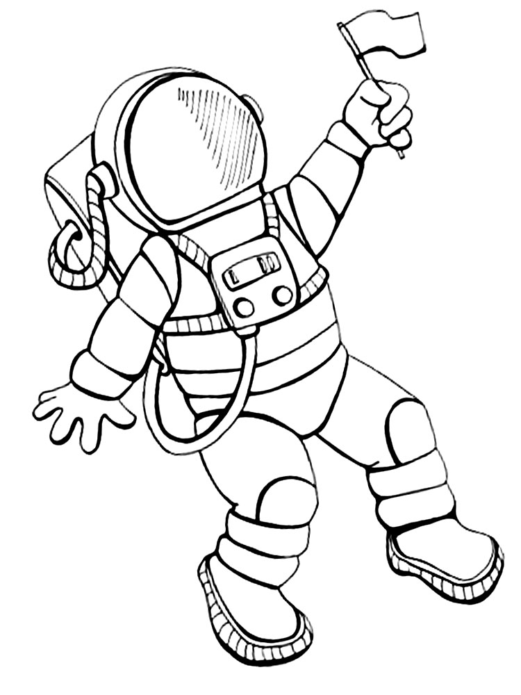 Раскраска космонавта с флажком для мальчиков (космонавт, раскрашивание)