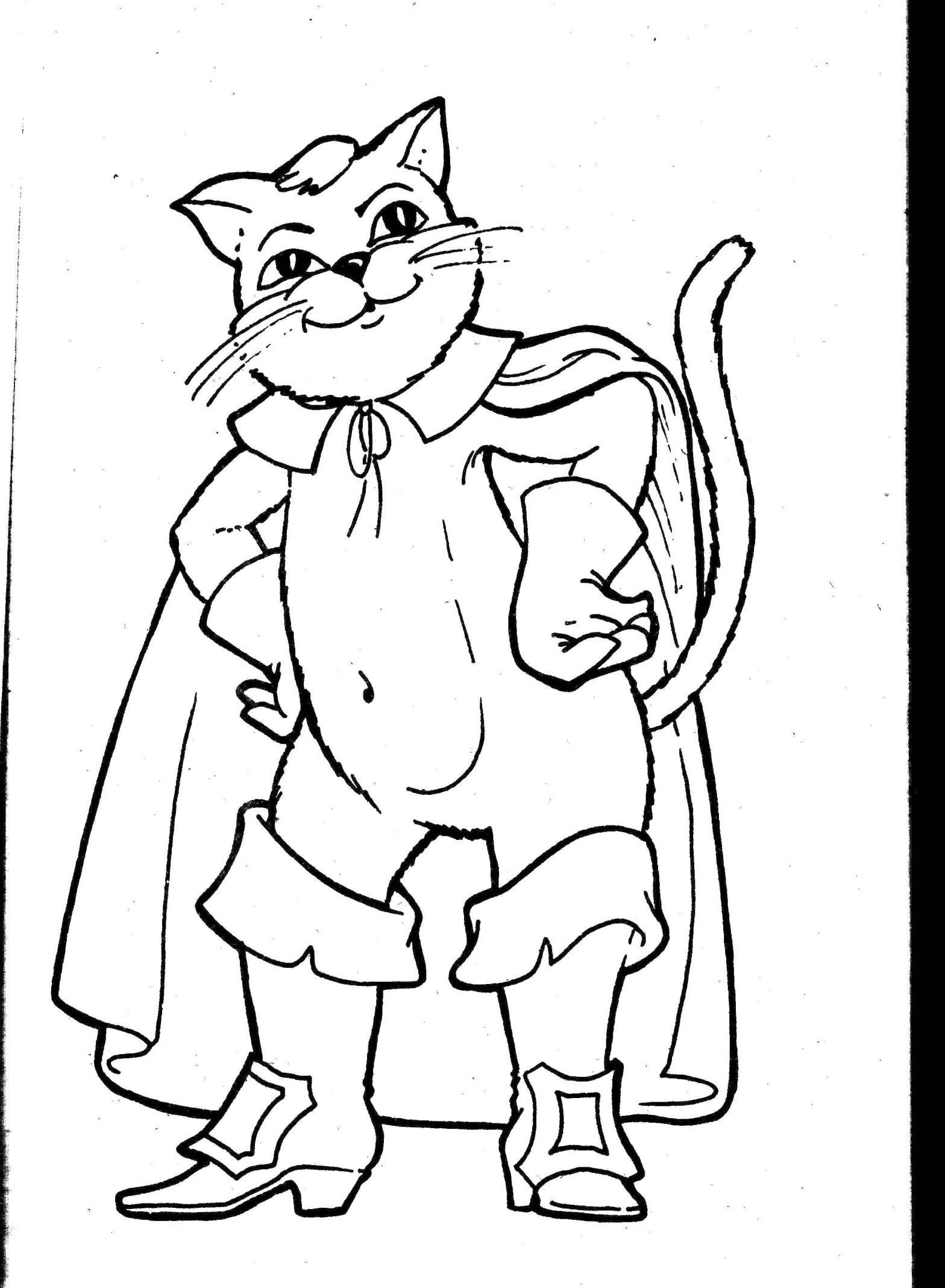 Раскраска с мультяшным котом в плаще и сапогах (мультики, кот, сапоги)