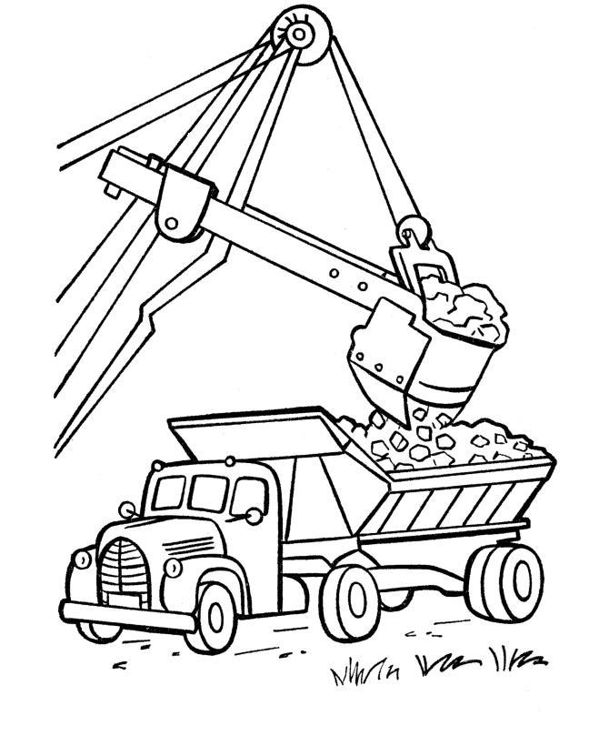 Раскраска для мальчиков: уголь загружают в грузовик ковшом (уголь, грузовик, интересные, новые)