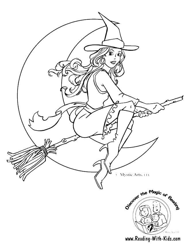 Раскраска ведьмы Хэллоуин на метле (ведьма, метла)