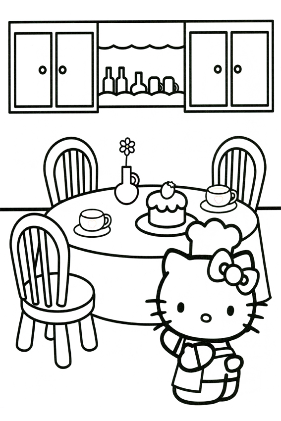 Раскраски цветочки для девочек - Кухня китти, накрытый стол (цветочки, девочки, кухня, китти, стол)