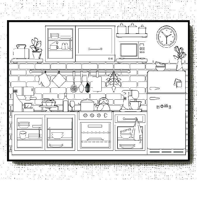 Раскраска кухни с изображением холодильника, плиты и чайника для детей