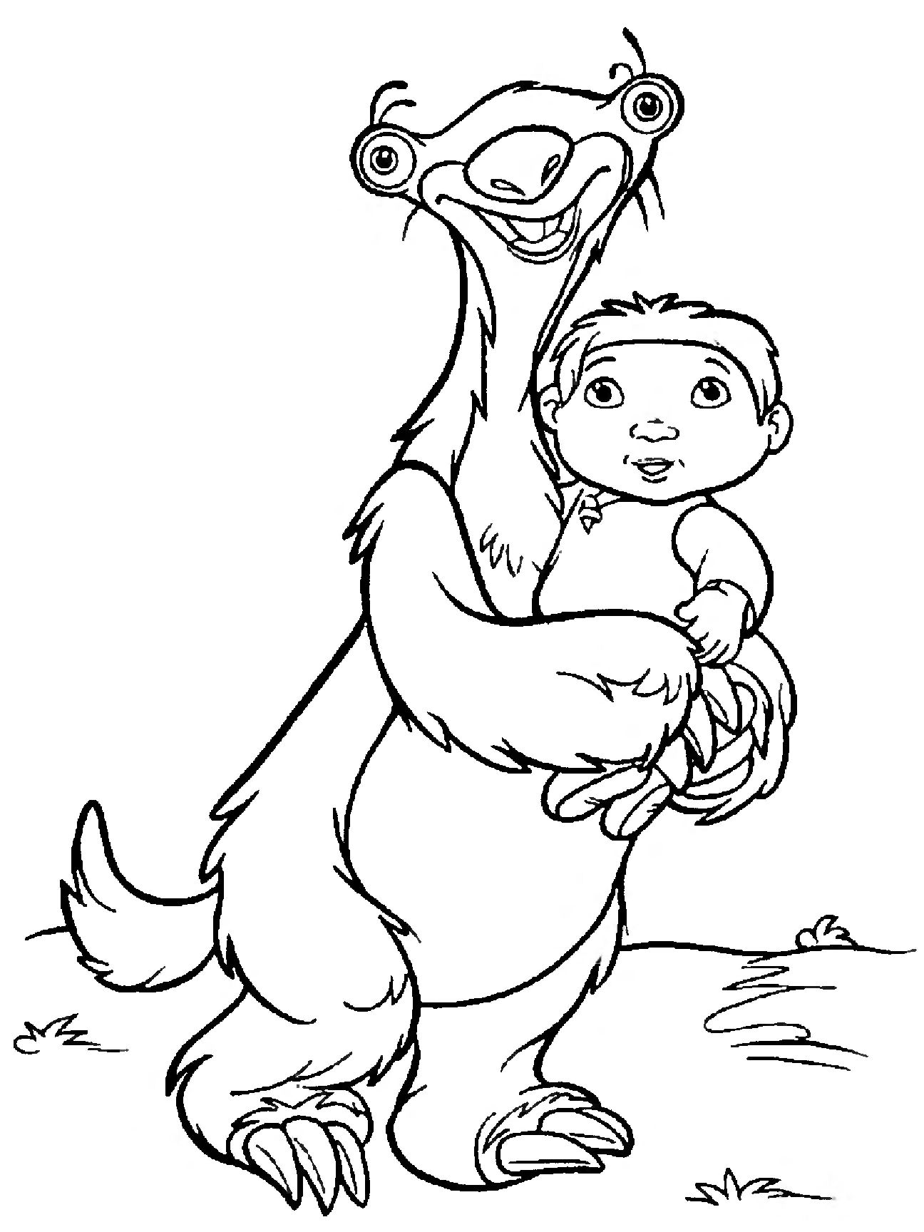 Раскраска Ленивец сид и ребенок из мультфильма Ледниковый период для мальчиков (ленивец, ребенок)