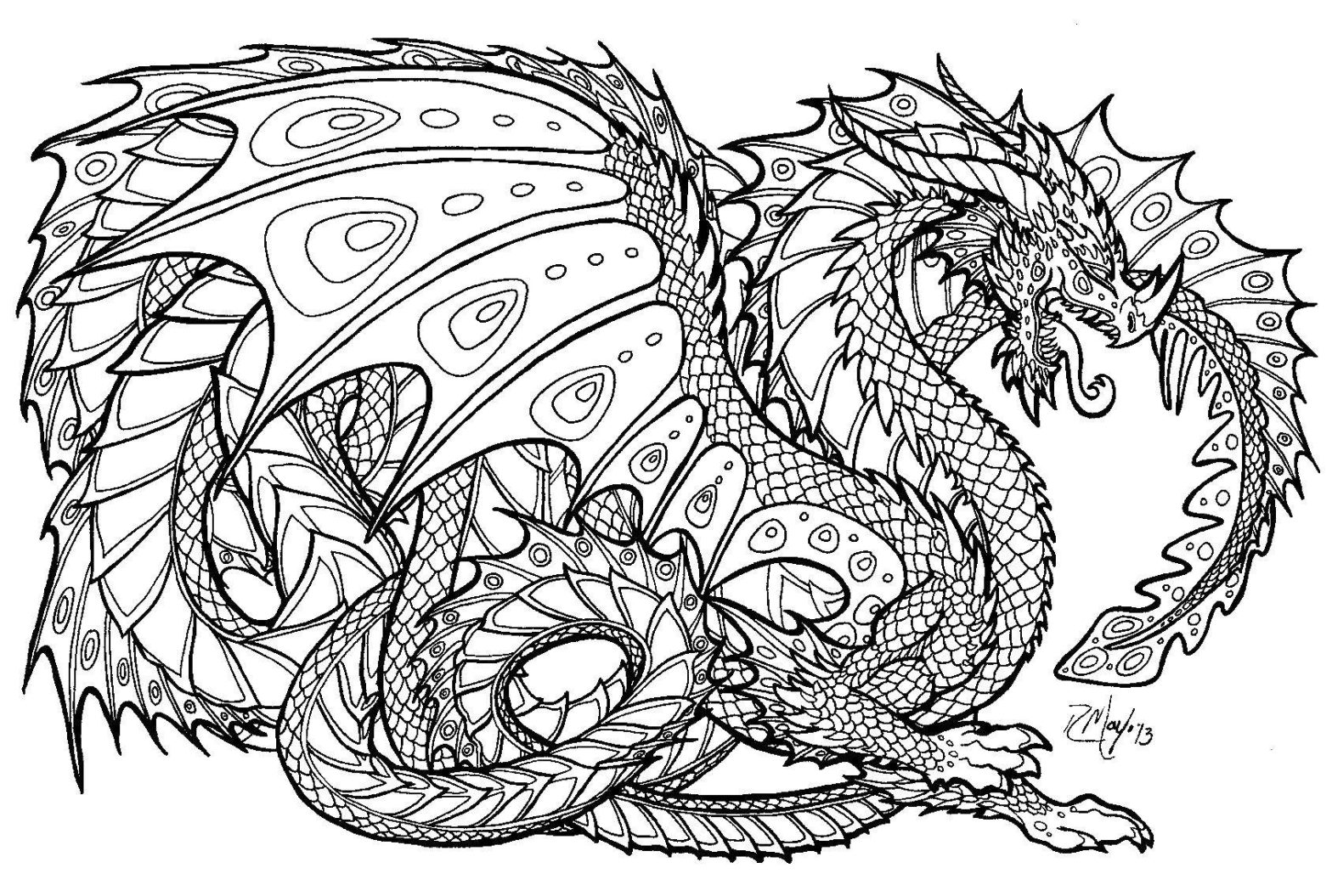 Раскраска дракона с крыльями и узорами (узоры)