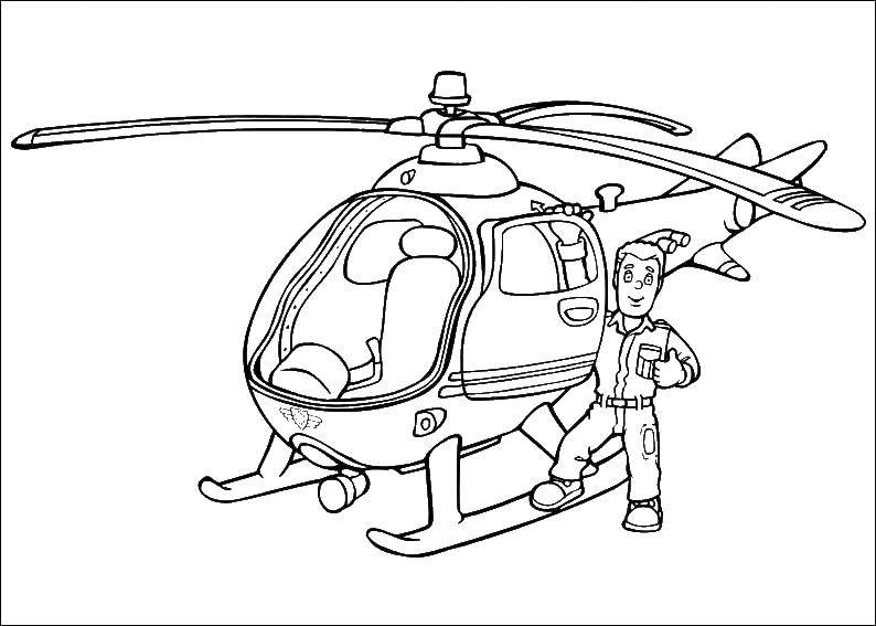 Раскраска летчик на фоне самолета (летчик, вертолет)