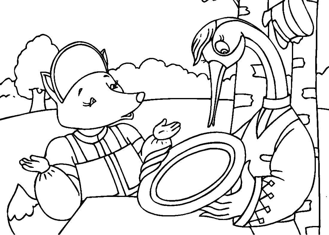 Раскраска Лисы и Журавля из знаменитой сказки для детей (сказки, Лиса, Журавль)