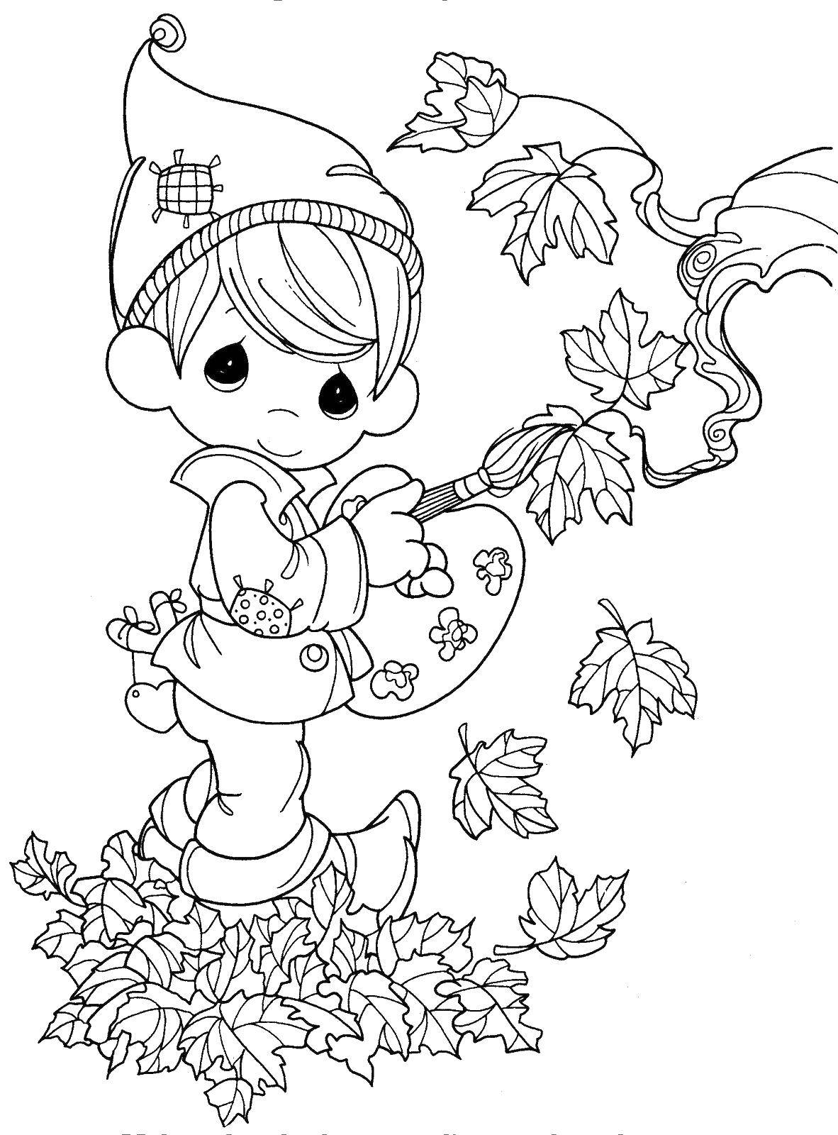 Раскраска мальчика в осеннем парке с листьями (осень, листопад, листья)