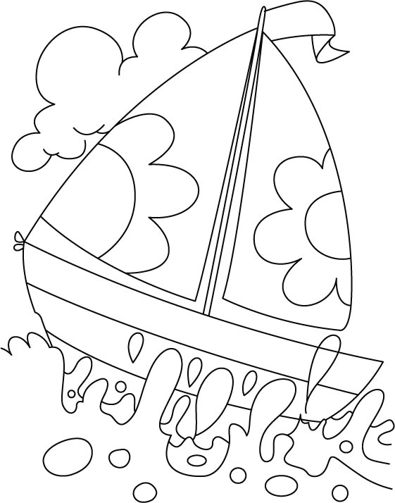 Раскраска Лодочка с парусами в цветочек на фоне морской волны для мальчиков (цветочек, волны)