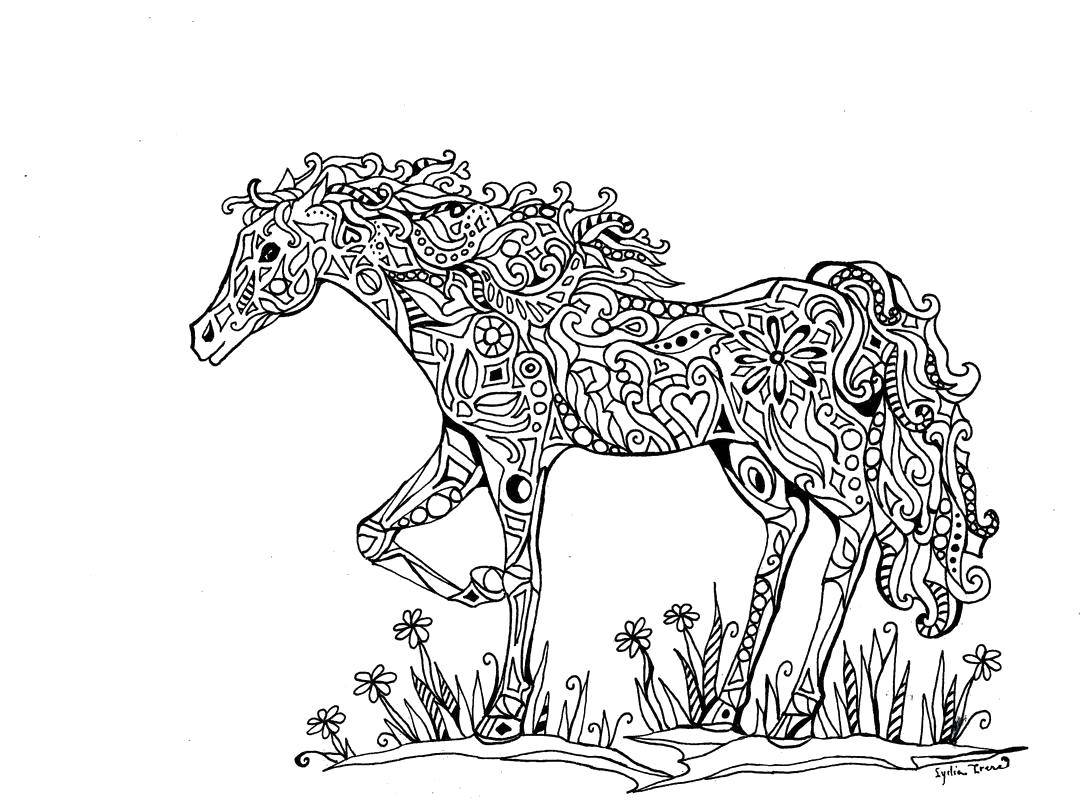 Раскраска с узорами, животными и лошадью (узоры, лошадь)