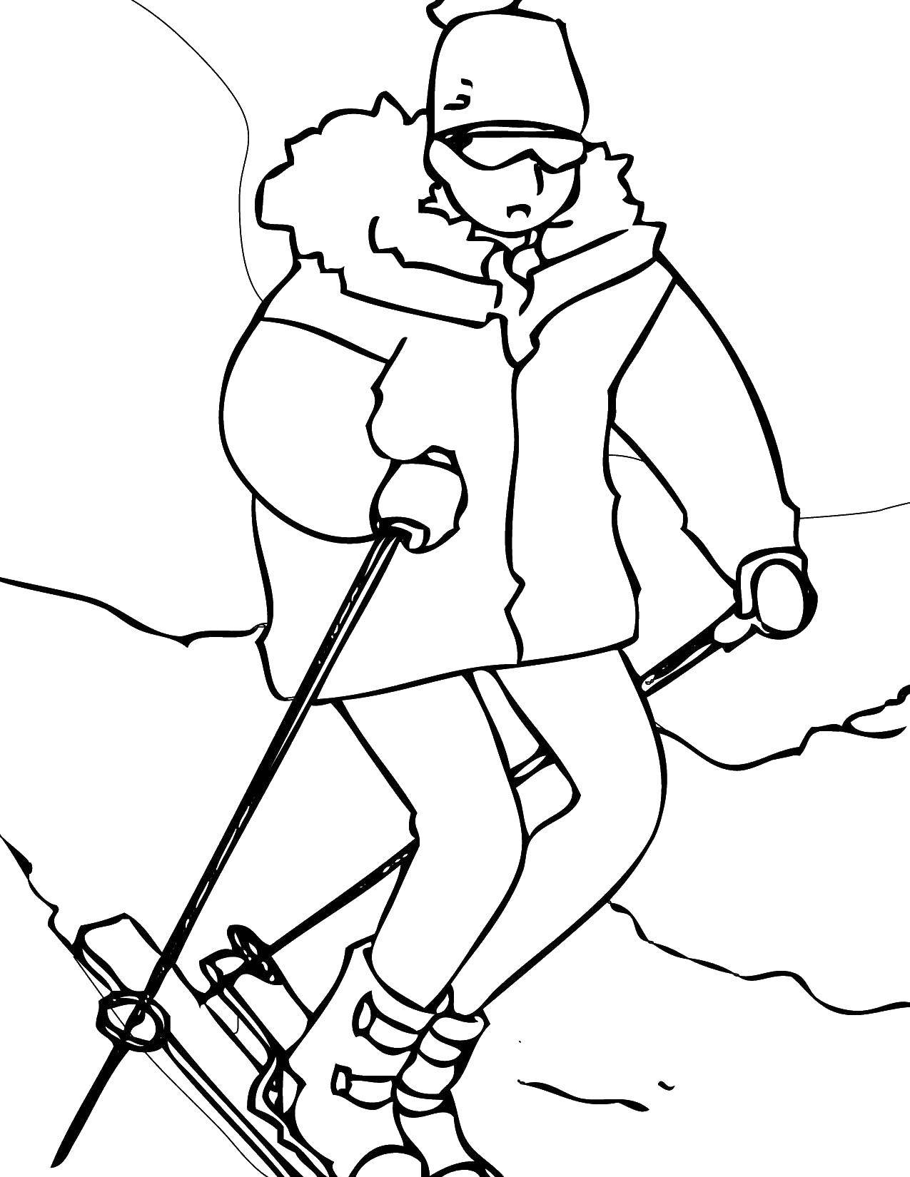 Раскраска лыжника на лыжах для детей (развивающие, лыжник, лыжи)