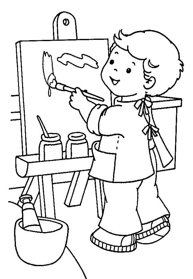 Раскраски Хобби увлечения мальчик с мольбертом, красками и кистями (Мальчик, Мольберт, Кисти, Умение)