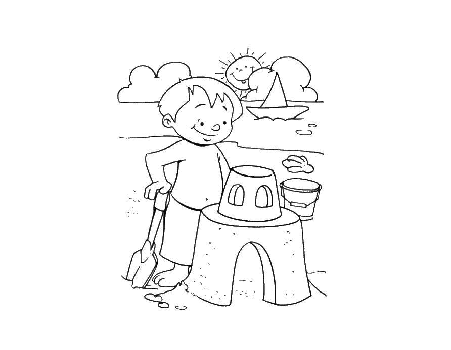 Раскраска Летний пляж мальчик: нарисуй свой идеальный и замок (мальчик, пляж, замок)