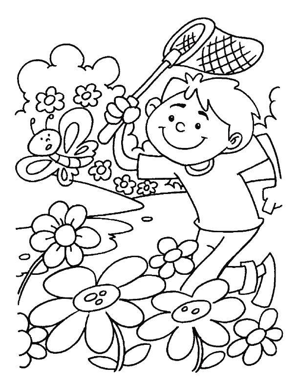 Раскраска на тему Весна для мальчиков с изображением бабочек (мальчик, бабочки, цветы, птицы)