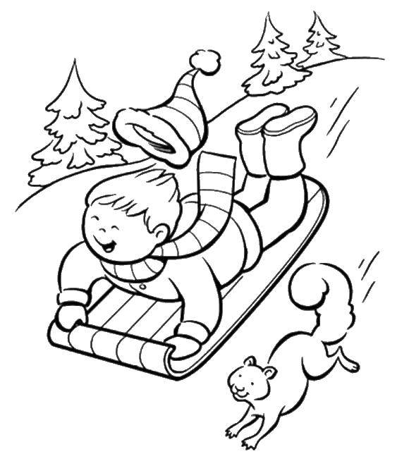 Раскраска зима с санками, белочкой и мальчиком (белочка, мальчик)