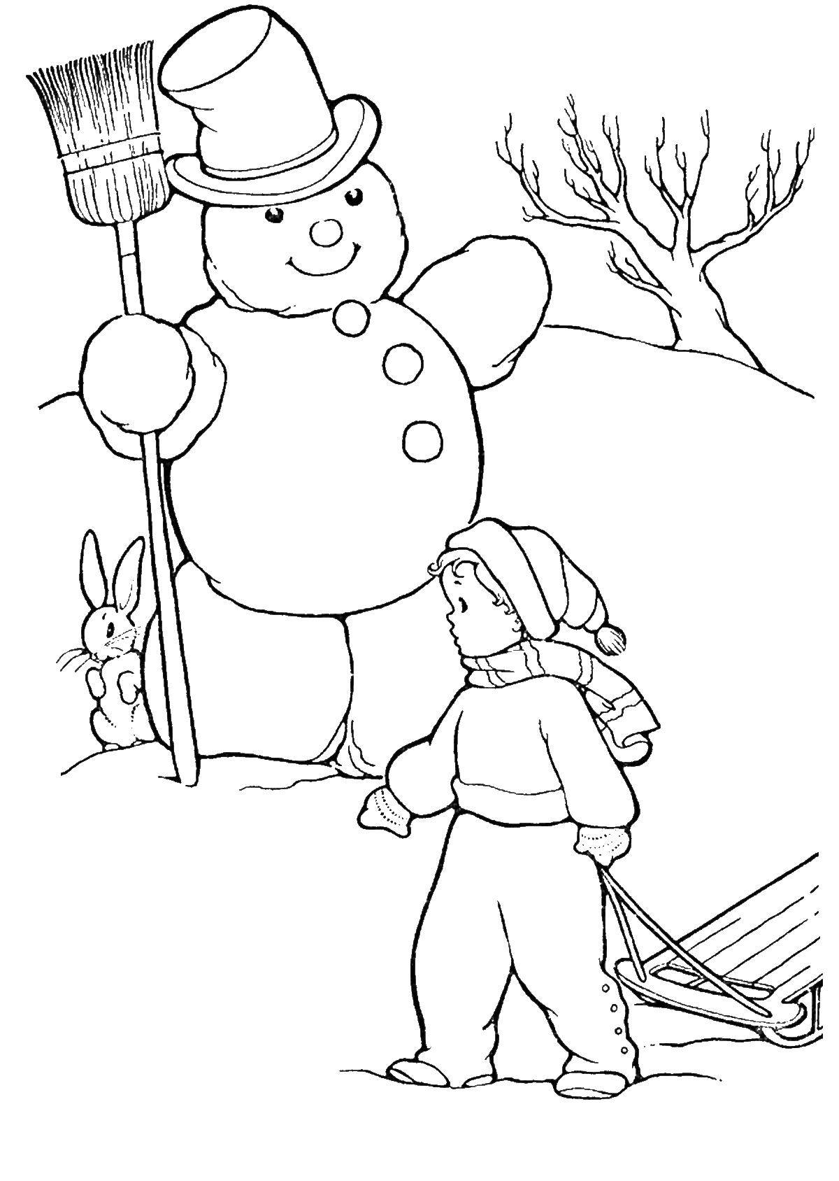 Раскрашенный снеговик для детей (снеговик, дети)