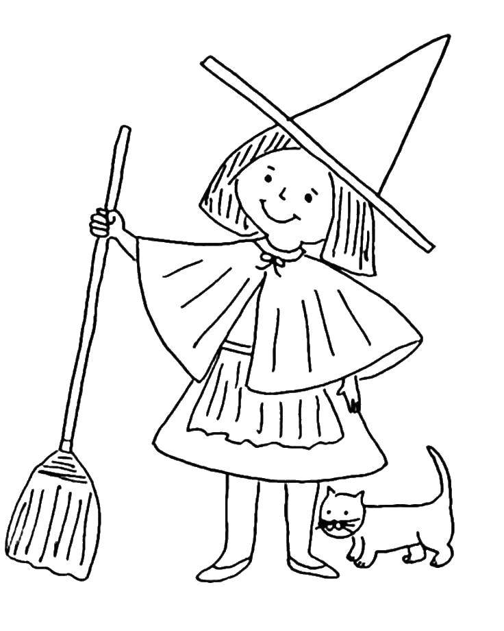 Раскраска с ведьмой, девочкой, котом и метлой для детей (ведьма, метла)