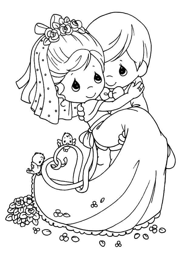 Свадьба: раскраски с изображением жениха, невесты, платья и птичек (жених, невеста, птички)