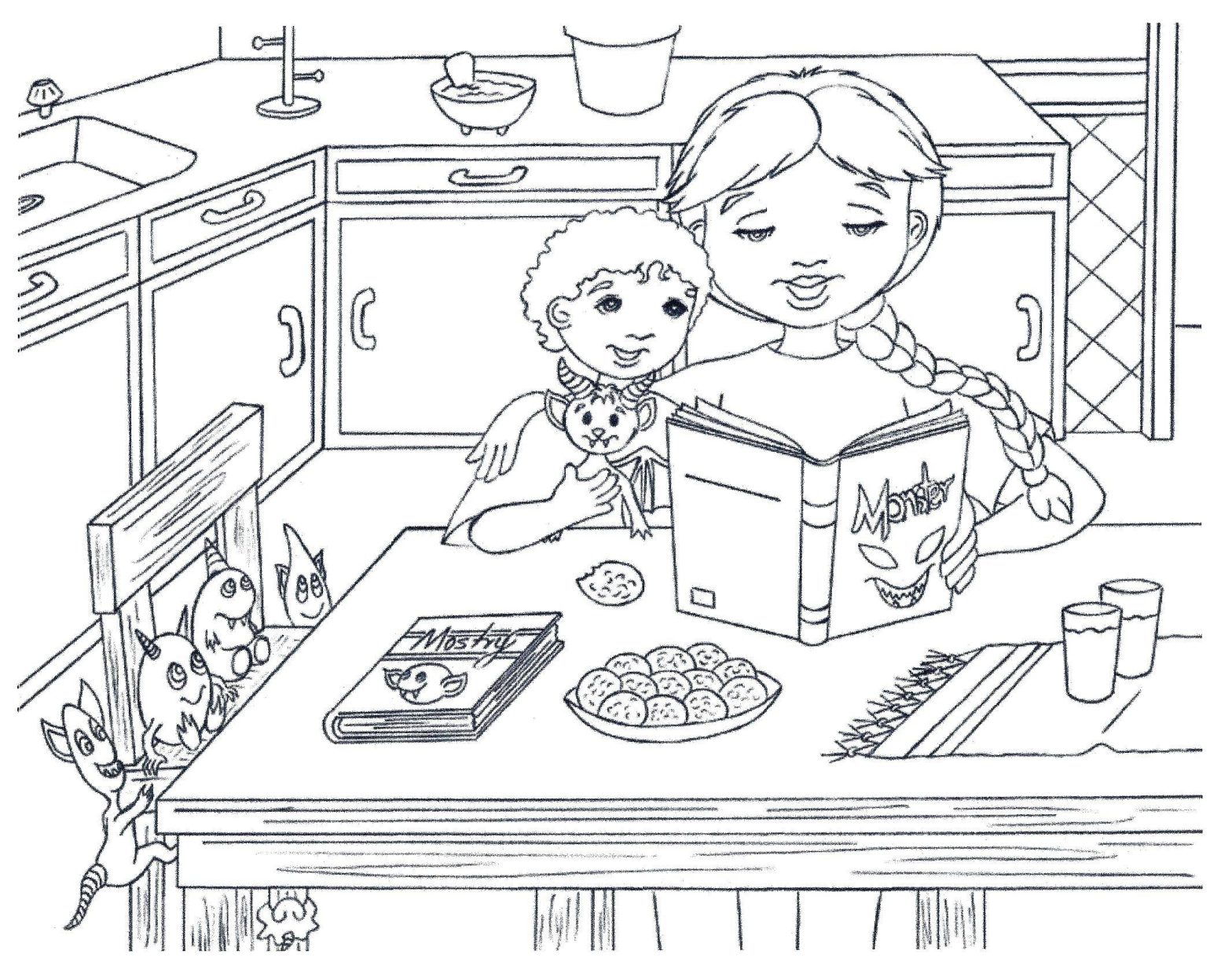 Раскраска Кухня из книги для девочек (кухня, книга)