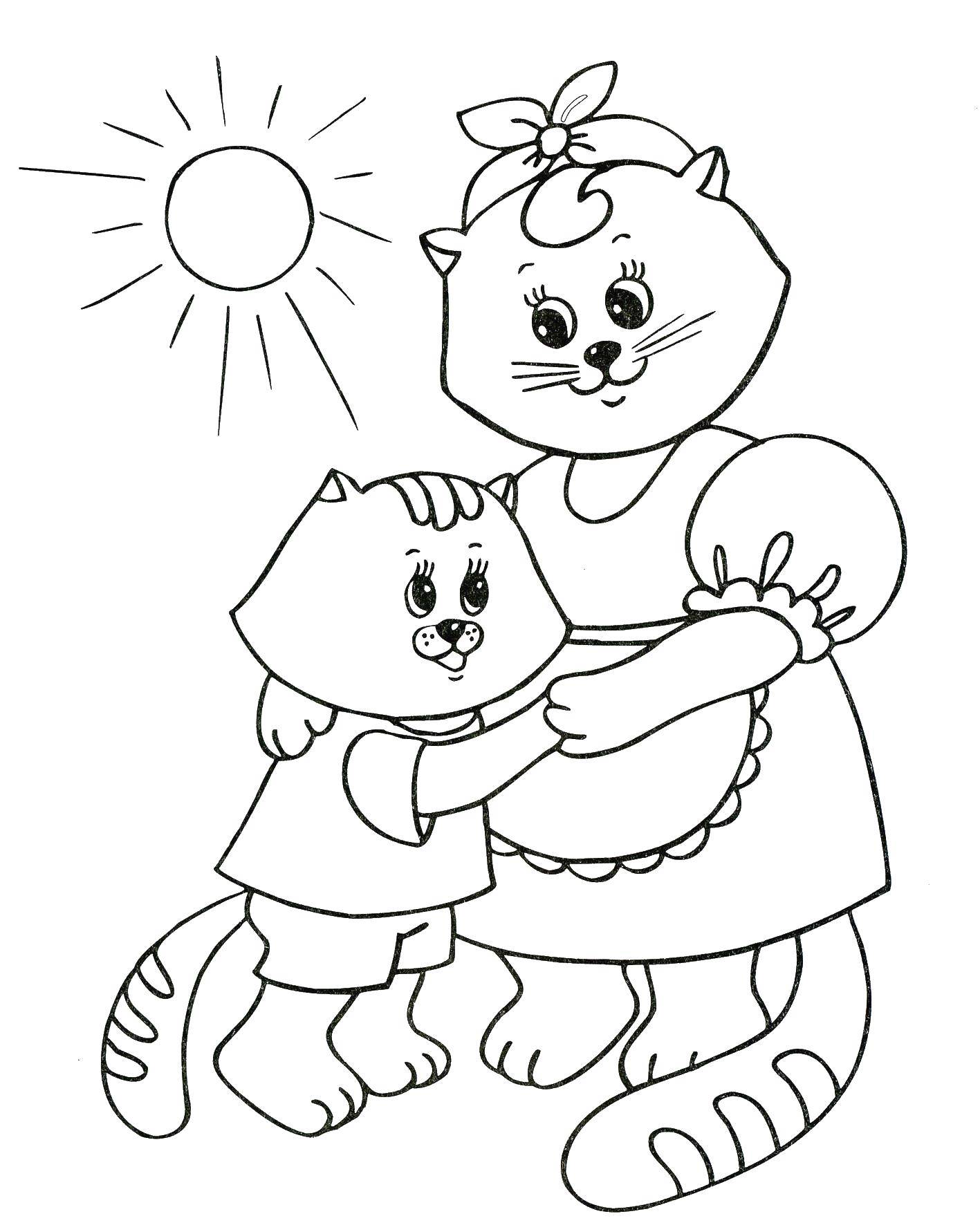 Раскраска с мамой и ребенком кошкой котенком под солнцем в фартуке (мама, кошка, фартук)