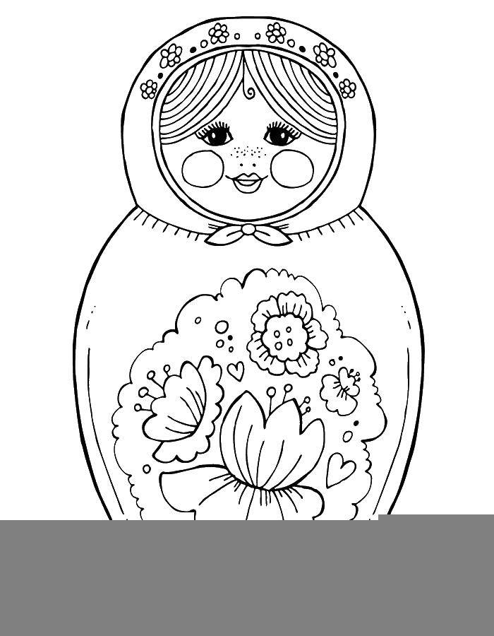 Раскраска матрешка, цветок и платок для детей (матрешка, платок)