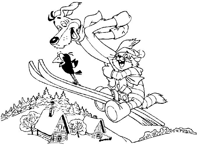 Матроскин и Шарик на лыжах с горы (Матроскин, Шарик, лес)