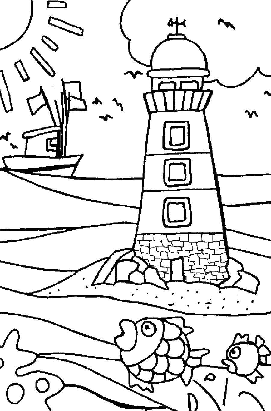 Раскраска Океан солнце, маяк, башня для детей (океан, маяк, башня)