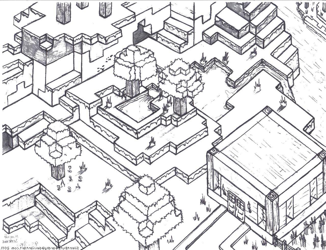 Раскраска Майнкрафт с изображением города (майнкрафт, город)
