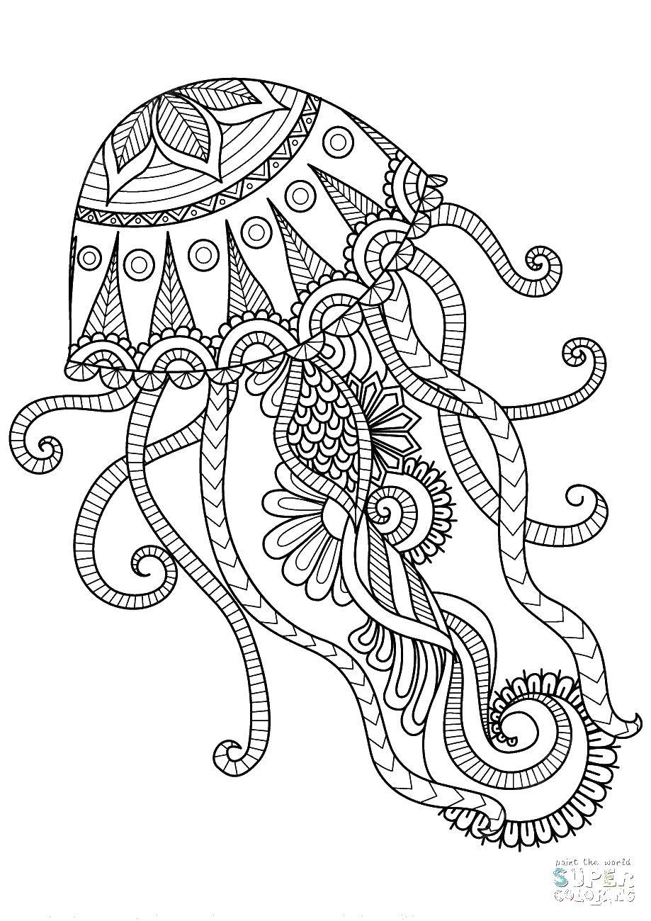 Раскраска морской медузы с узором (подводный, медуза, узор, развивающее)
