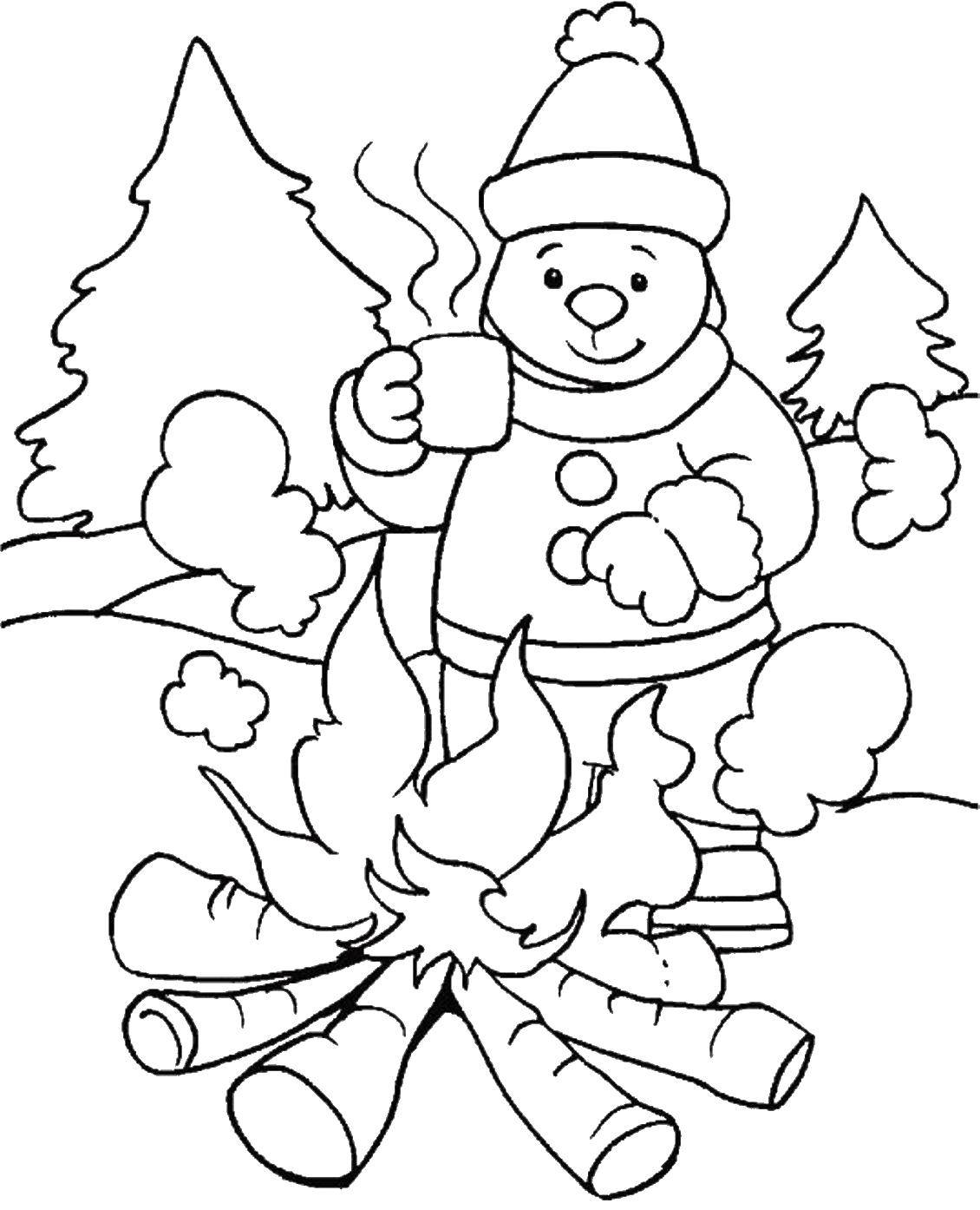 Раскраски зима медведь, костер, кружка для детей (медведь, костер, кружка)