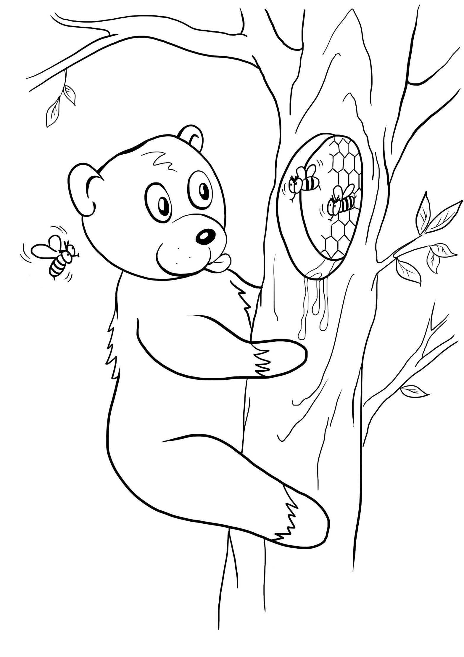 Медведь лезет на дерево за медом. Раскраски для мальчиков. (медведь, дерево, пчелы)