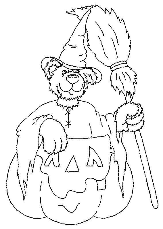 Раскраска тыквы на Хэллоуин с изображением ведьмы и медведя (тыква, медведь)