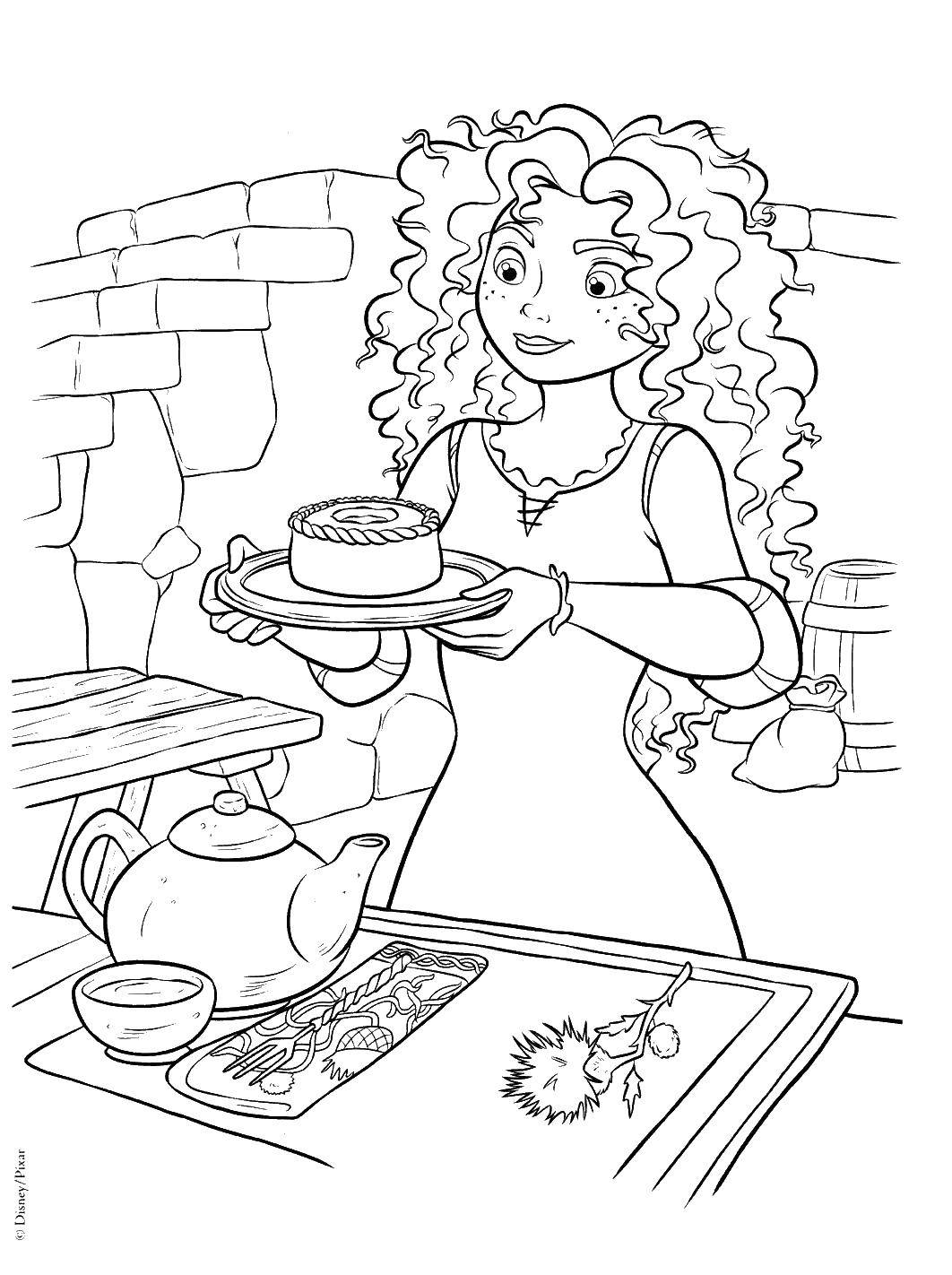 Раскраска с Меридой, тортом и чайником (Мерида, торт, чайник)