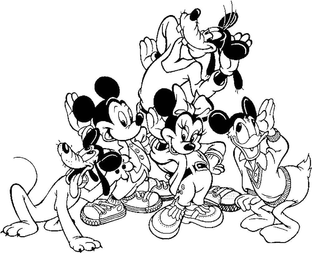 Раскраски с героями Диснея: Микки Маус, Дональд Дак, Гуфи, Минни и Плуто (гуфи, минни, плуто)
