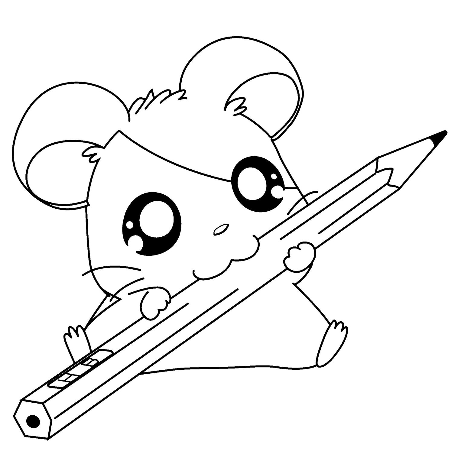 Милый мышонок с большими глазами и карандашом - раскраска для девочки (мышонок, милый)