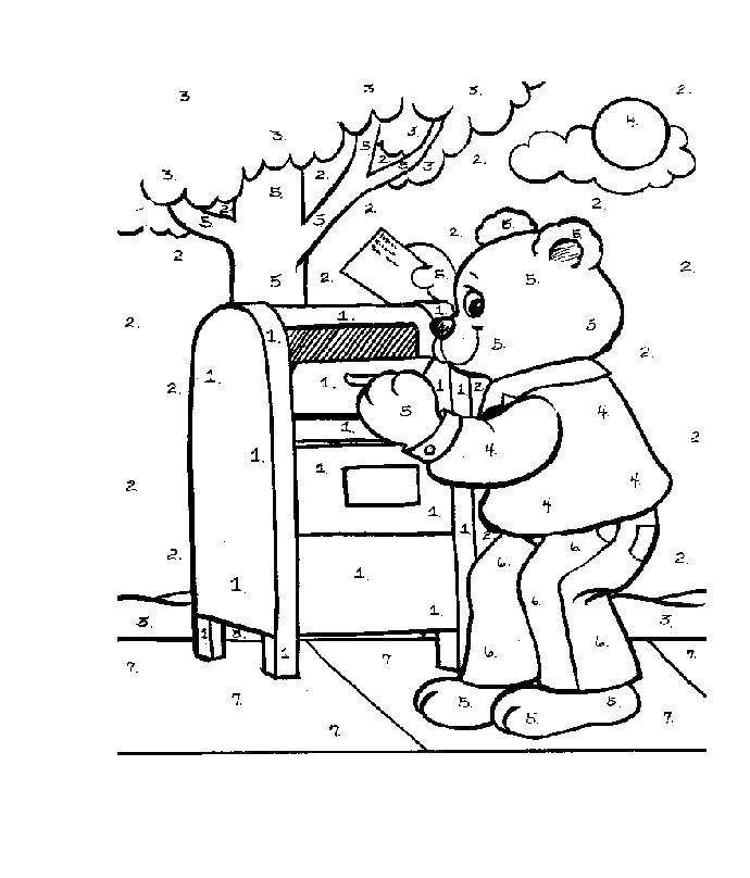 Малыш раскрашивает рисунок мишки, которая читает письмо на фоне почтовой коробки (мишка, письмо)