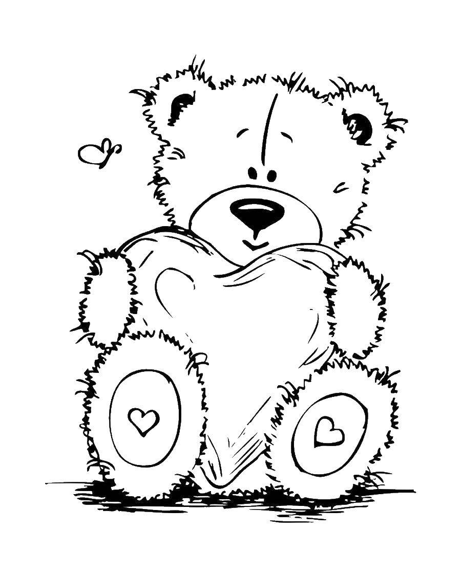 Раскраска мишки Тедди с сердечком для детей (мишки, Тедди, сердечко)
