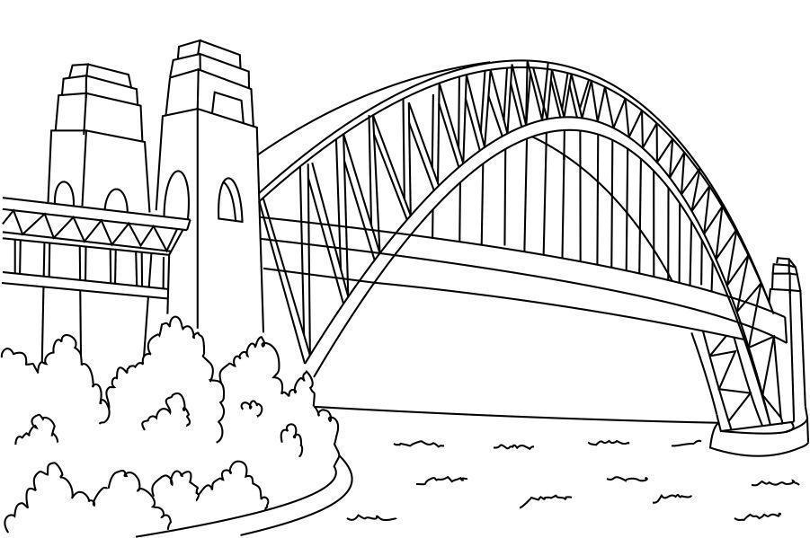 Раскраска Мост в Сиднее с рекой и деревьями для мальчиков (мост, деревья)
