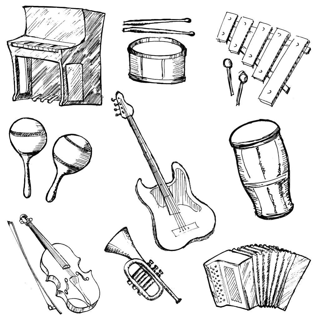 Раскраска по музыке - музыкальные инструменты и ноты (инструменты, ноты)