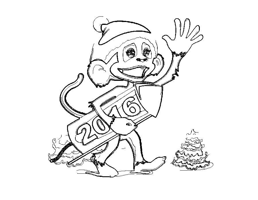 Раскраска с обезьяной на Новый Год и подарками (обезьяна, подарки)